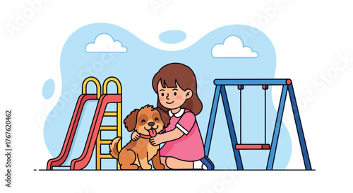 Adobe illustrator artwork vector illustration. A happy little girl pets a friendly dog at a vibrant playground, illustrating the joy of pets and outdoor play
