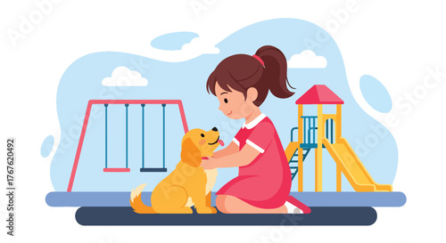Adobe illustrator artwork vector illustration. A happy little girl pets a friendly dog at a vibrant playground, illustrating the joy of pets and outdoor play