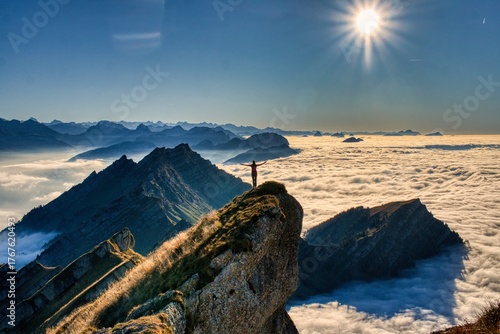 Autumn hike across the sea of ​​fog to the Nagelfluh mountain Speer in St. Gallen. A truly beautiful view above the fog. High quality photo