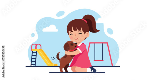 Adobe illustrator artwork vector illustration. A happy little girl pets a friendly dog at a vibrant playground, illustrating the joy of pets and outdoor play