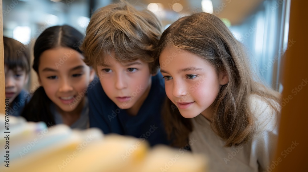 Obraz premium A group of kids plays a scavenger hunt in a library, with clues hidden in books, kids whispering, a librarian guiding, and shelves towering above, depicted in a playful photo with book spines, clue