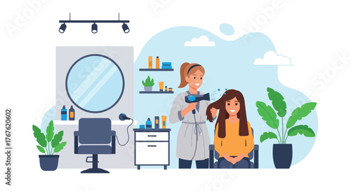 Adobe illustrator artwork vector illustration. A skilled hairdresser blow-dries a happy woman's hair in a salon filled with plants, depicting beauty services and relaxation