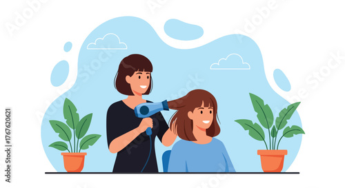 Adobe illustrator artwork vector illustration. A skilled hairdresser blow-dries a happy woman's hair in a salon filled with plants, depicting beauty services and relaxation