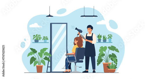Adobe illustrator artwork vector illustration. A skilled hairdresser blow-dries a happy woman's hair in a salon filled with plants, depicting beauty services and relaxation