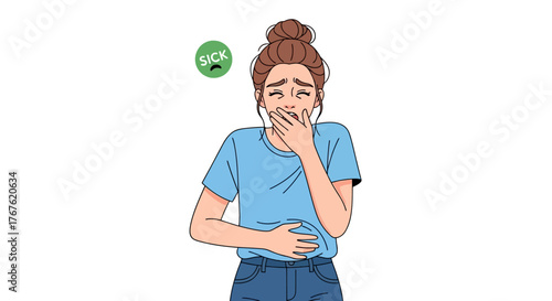 Distressed Young Woman Suffering from Nausea and Stomach Pain Due to Illness or Digestive Issues, Feeling Unwell and Seeking Relief