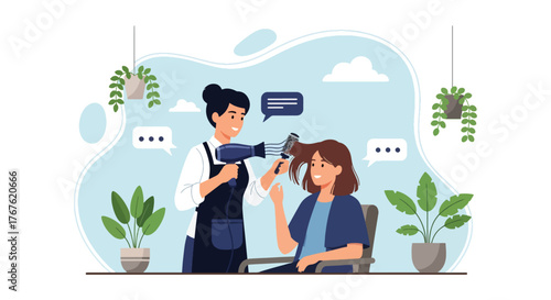 Adobe illustrator artwork vector illustration. A skilled hairdresser blow-dries a happy woman's hair in a salon filled with plants, depicting beauty services and relaxation