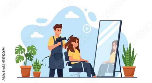 Adobe illustrator artwork vector illustration. A skilled hairdresser blow-dries a happy woman's hair in a salon filled with plants, depicting beauty services and relaxation