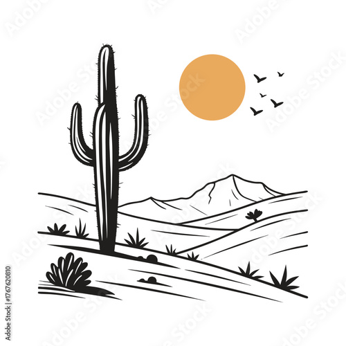 Minimalist Cactus and Sun Desert Scene Illustration