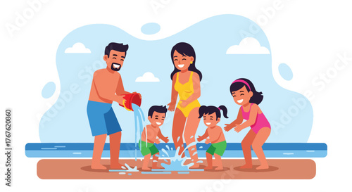 Adobe illustrator artwork vector illustration. A joyful family splashes and plays with water at the beach under the summer sun, depicting fun, togetherness, and vacation memories