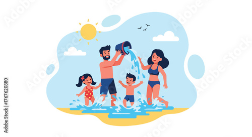 Adobe illustrator artwork vector illustration. A joyful family splashes and plays with water at the beach under the summer sun, depicting fun, togetherness, and vacation memories