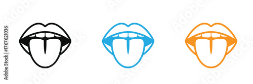 Dynamic lips with tongue out icons in black, blue, and orange offer a versatile visual for attitude, fun, or rebellion. Perfect for modern, bold designs and creative projects.