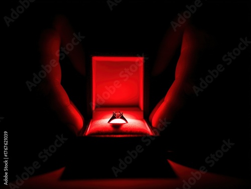 Diamond ring illuminated in red velvet jewelry box held in hands, symbolizing passion, devotion, and the timeless moment of love and commitment under dramatic light