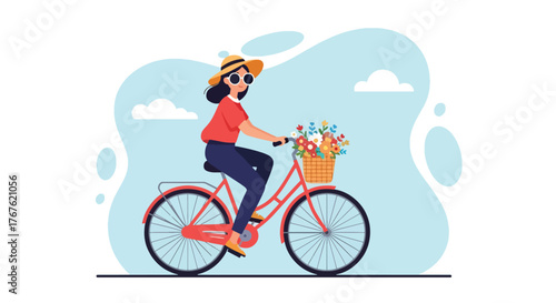 Adobe illustrator artwork vector illustration. A cheerful young woman rides a vintage yellow bicycle with a basket of flowers through a park, embodying spring, health, and outdoor leisure.