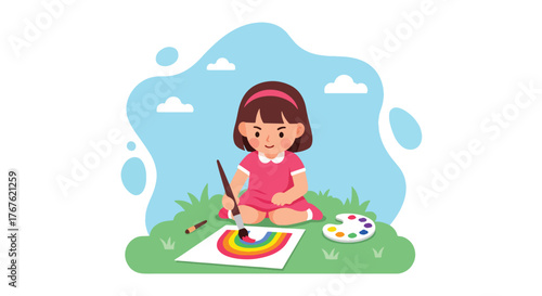 Adobe illustrator artwork vector illustration. A cheerful little girl with pigtails paints a vibrant rainbow on an easel outdoors, showcasing artistic creativity and childhood joy