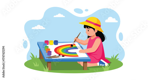 Adobe illustrator artwork vector illustration. A cheerful little girl with pigtails paints a vibrant rainbow on an easel outdoors, showcasing artistic creativity and childhood joy