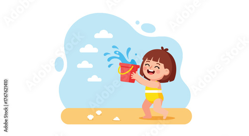 Adobe illustrator artwork vector illustration. A joyful little girl in a yellow swimsuit splashes water from a red bucket at the beach, embodying summer fun and playful childhood. Ideal for vacation a