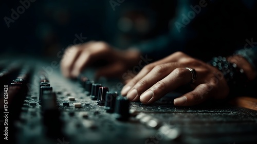 Hands expertly adjusting controls on a professional audio mixing console emphasizing precision and control in a studio environment