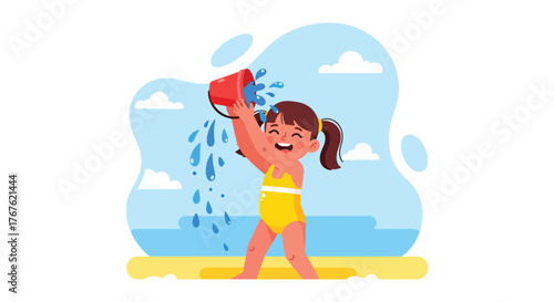 Adobe illustrator artwork vector illustration. A joyful little girl in a yellow swimsuit splashes water from a red bucket at the beach, embodying summer fun and playful childhood. Ideal for vacation a