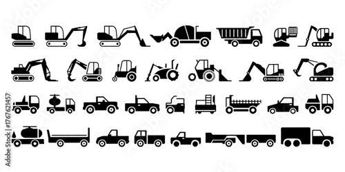 White Outline Icons of Construction and Transportation Vehicles on Black construction vehicle isolated on transparent background, png.