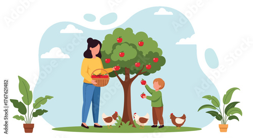 Adobe illustrator artwork vector illustration. A grandmother and grandson happily harvest fresh apples from a tree, with chickens nearby, depicting a wholesome farm and family activity. 