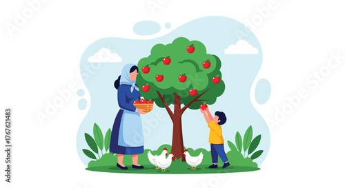 Adobe illustrator artwork vector illustration. A grandmother and grandson happily harvest fresh apples from a tree, with chickens nearby, depicting a wholesome farm and family activity. 