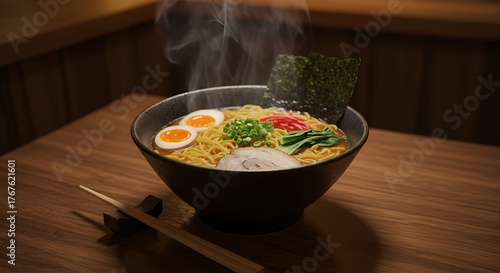 Invigorating Ramen Bowl: A Steaming Fusion of Noodles, Egg, and Seaweed in Japanese Culinary Art, Presented on Warm Wooden Table with Chopsticks