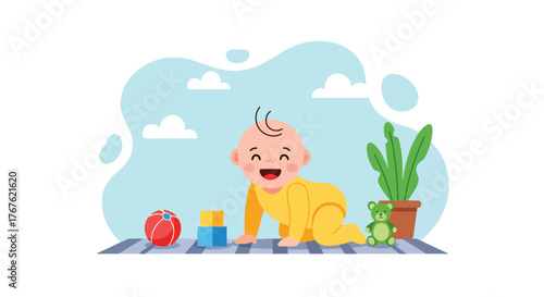 Adobe illustrator artwork vector illustration. A joyful baby crawls happily on a mat, surrounded by colorful toys and a houseplant, depicting early childhood development and play.