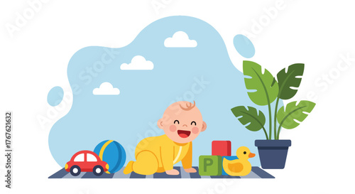 Adobe illustrator artwork vector illustration. A joyful baby crawls happily on a mat, surrounded by colorful toys and a houseplant, depicting early childhood development and play.