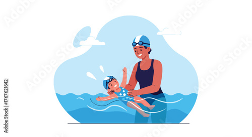 Adobe illustrator artwork vector illustration. A joyful mother teaches her child to swim in a pool, holding hands in a heartwarming moment of learning and bonding. 