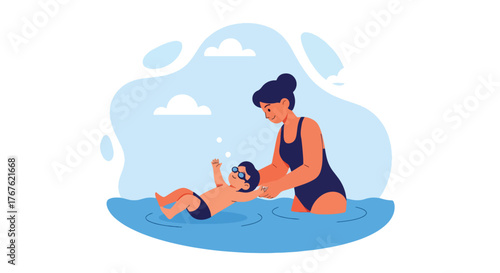 Adobe illustrator artwork vector illustration. A joyful mother teaches her child to swim in a pool, holding hands in a heartwarming moment of learning and bonding. 
