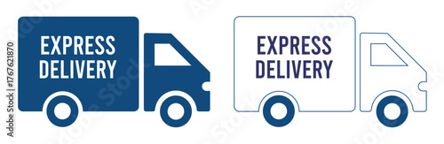Flat vector express delivery truck icon with solid and outline styles