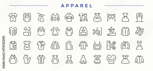 Apparel icon set. Modern vector UI icons. Contain linear symbols dress, clothes, cloth, wear. Signs for web and mobile app. Apparel icon set.