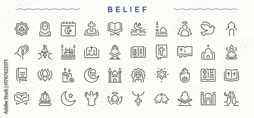Belief icon set. Spirit trendy minimal icons. Minimal thin line web icons set. Ritual line icon set. Editable stroke. Vector collection.