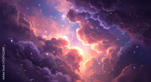 Vibrant Cosmic Clouds with Stars and Nebula Glow in Deep Space