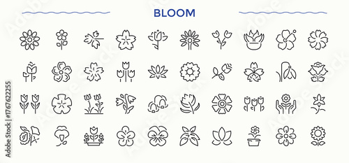 Bloom icon set. Flower vector line icon set. Minimal linear icons. Includes symbols for flower garden, garden, plant, blossom and more. Editable stroke. Vector collection.