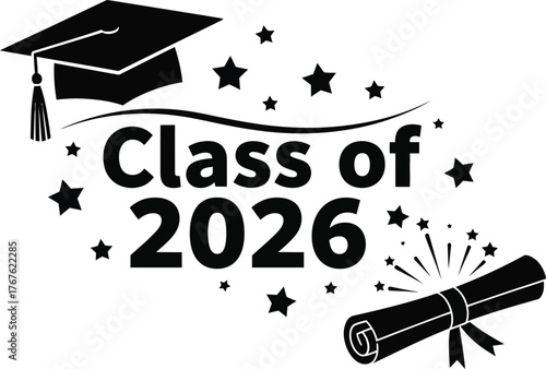 Class of 2026 graduation cap diploma stars vector eps scalable illustration