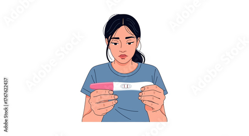 A vector illustration of a worried and pensive young woman holding a pregnancy test stick showing a positive result