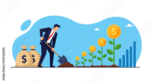 Businessman Investing & Growing Money Plants: Financial Growth Strategy