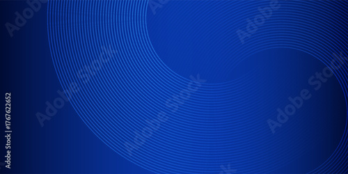 Abstract blue glowing geometric lines on dark blue background. Modern shiny blue circle lines pattern. Futuristic technology concept. Suit for cover poster banner header website. Vector Illustration