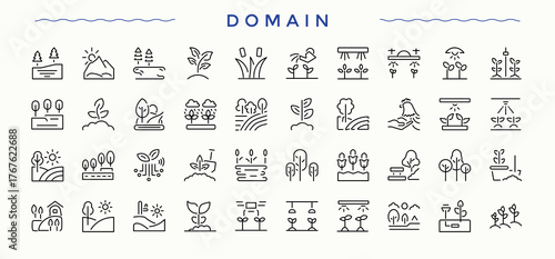 Domain line icon set. Land icon. Outline symbol collection. Contains outline symbols like landscape, cape, mountain, garden, building, land and more. Pixel perfect. Editable vector.