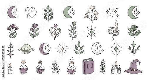 Magical elements seamless pattern with celestial stars botanical elements and witch items