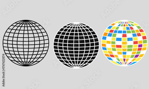 disco ball also known as a mirror ball or glitter ball or globe icon set with thin, line,outline,silhouette.colorful light.for dance floor, music event, or nightclub theme.