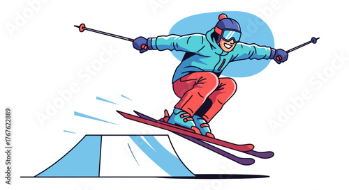 Vector illustration of an energetic skier performing a freestyle jump from a ramp, representing winter sports and outdoor activity