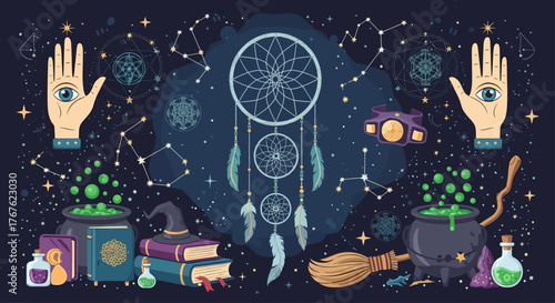 Magical and mystical background with constellations, cauldrons, dreamcatcher, witch hat and sacred