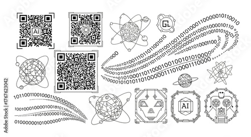 Conceptual digital art illustration showing the fusion of binary code, QR codes and geometric shapes
