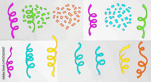 Colorful celebration elements streamer and confetti illustration for festive events and party