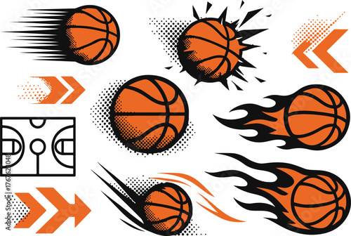 Dynamic Basketball Graphic Set Flaming Exploding and Speed Ball with Court Elements