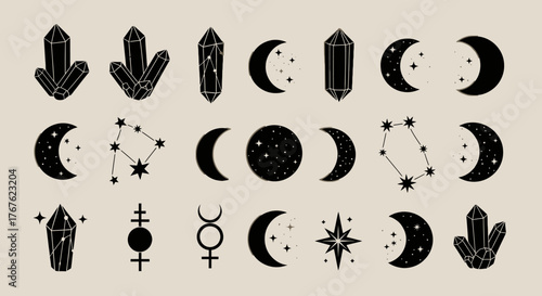 Mystical collection of celestial moon phases and sparkling crystal gemstone elements in esoteric