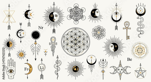 Enchanting celestial symbols and spiritual elements creates a mystical pattern for design themes