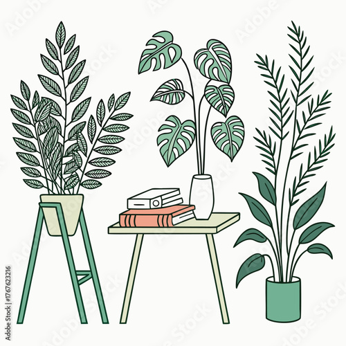 Minimalist illustration of houseplants and books on a table